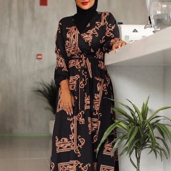 🌺 DRESS PAISLEY DESIGNER BAROQUE LONG SLEEVE MAXI BLACK BROWN FANCY ELEGANT - Picture 4 of 9